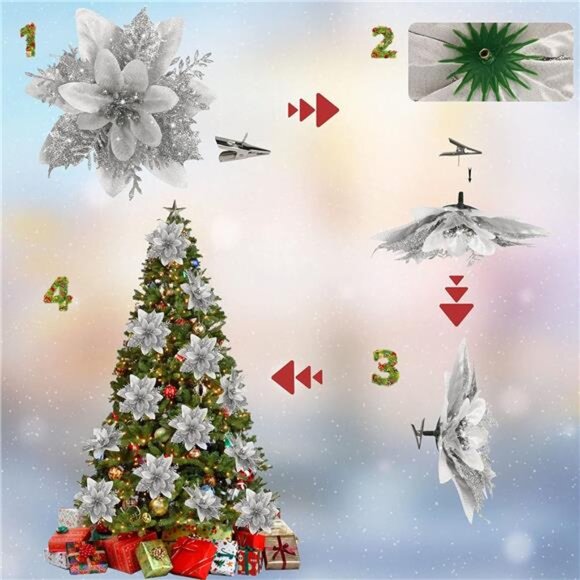 15 PCS Silver Poinsettia Flower Artificial Poinsettia with Clips Christmas Decor - Picture 5 of 7
